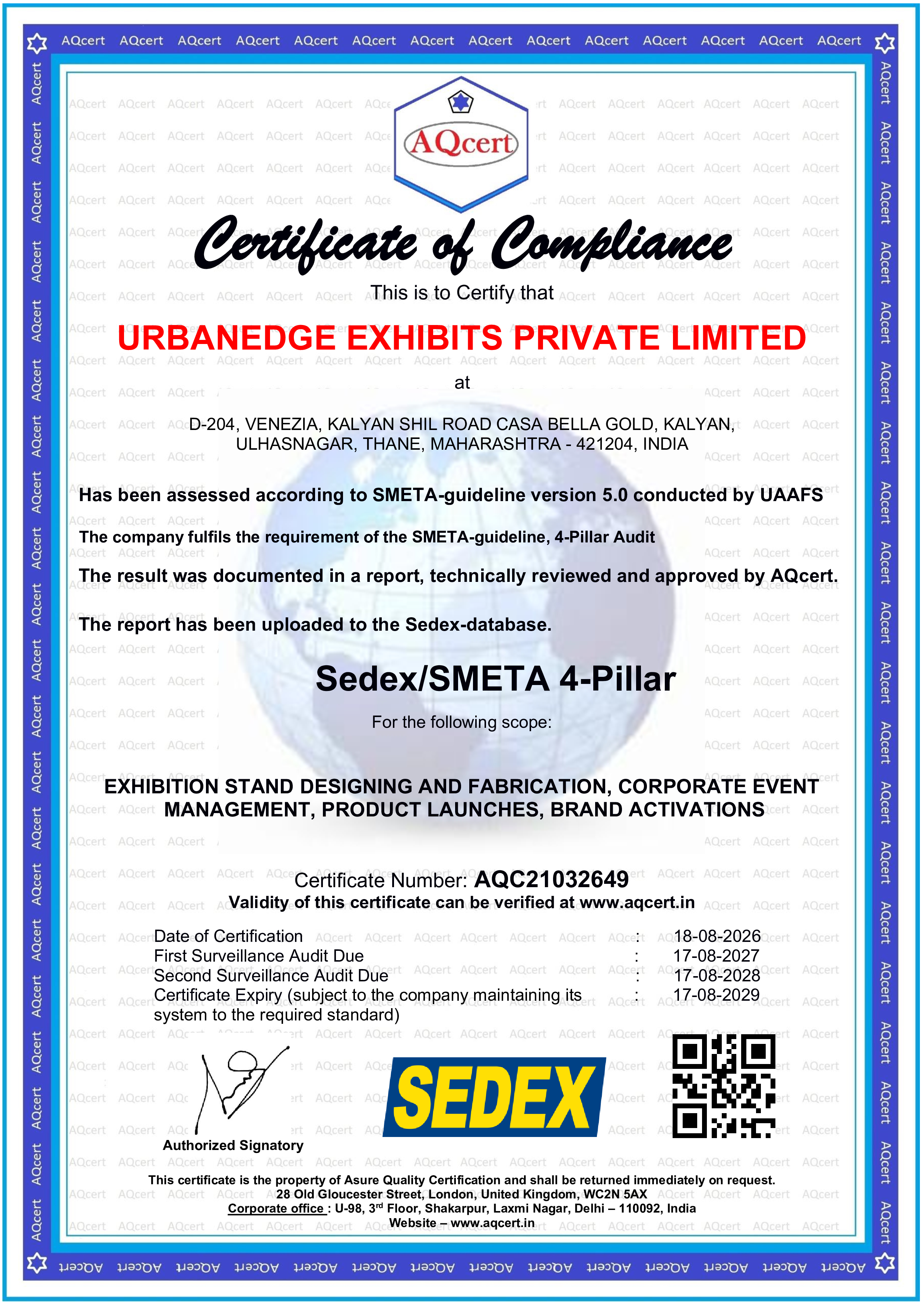 Sedex/SMETA 4-Pillar Certificate of Compliance